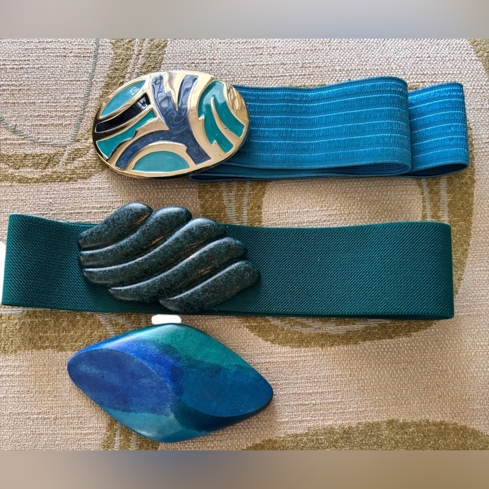 Lot 2 Vintage Stretch Belts With 3 Large Retro Metal Buckles Turquoise Teal OS